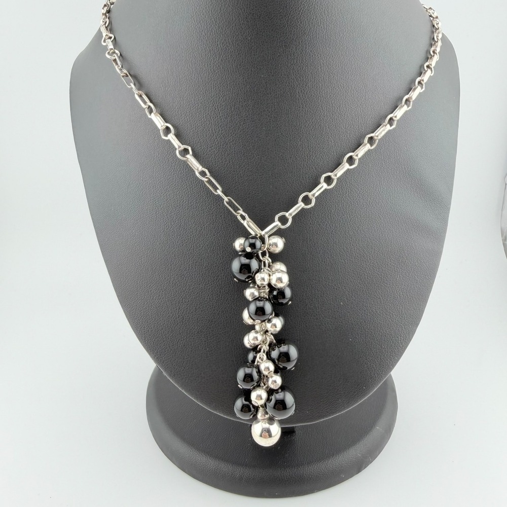 Vintage USA .999 Silver Bead Cluster Pendant Necklace 26 In Black Statement